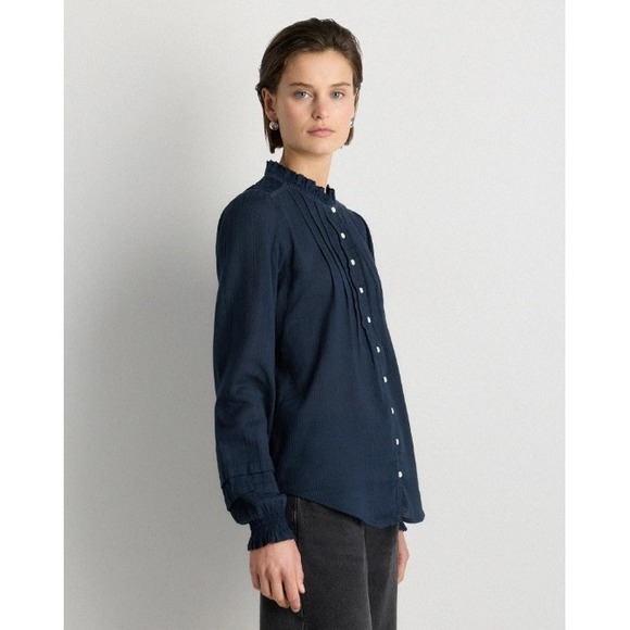 Quince Organic Textured Cotton Peasant Blouse Ruffle Neck Pintuck Long Sleeve S - Picture 3 of 12